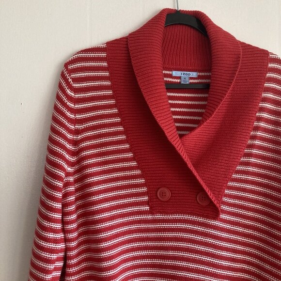 Izod Women's Red Striped Sweater V Neck Chunky Shawl Collar Cotton Acrylic Sz XL - Picture 4 of 9